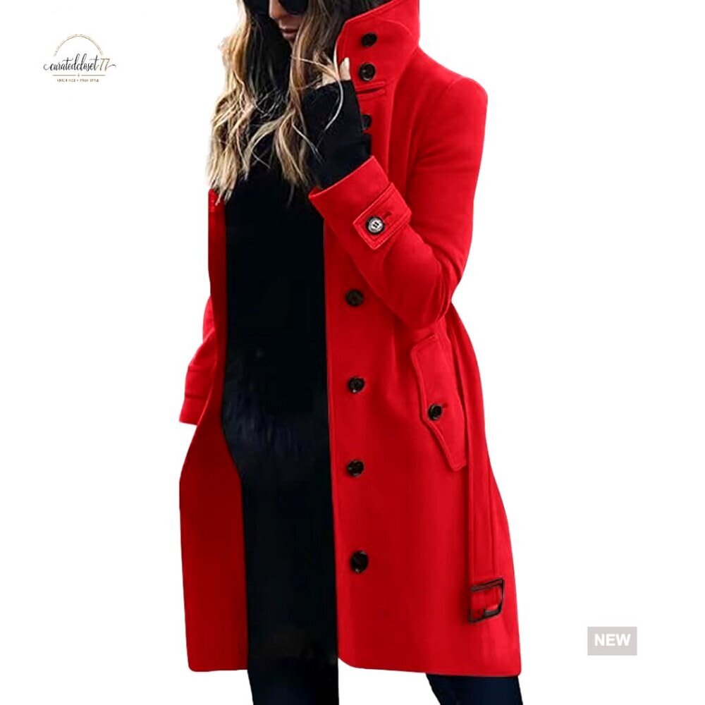 Wool Pea Coat Single Breasted Stand Collar Midi Long Winter Overcoat